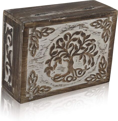 Great Birthday Gift Handmade Decorative Wooden Jewelry Box Tree Of Life Carving Jewelry Organizer Keepsake Box Treasure Chest Trinket Holder Watch Box Storage Lock Box Housewarming Gift (Brown) in Kuwait