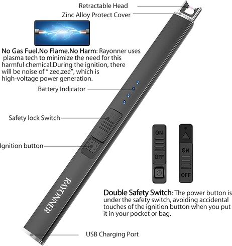 RAYONNER Candle Lighter Plasma Arc Lighters Windproof Flameless with USB Rechargeable Battery Double Safety Switch in Saudi Arabia