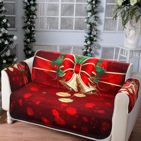 Preboun عيد الميلاد 3D الرقمية المطبوعة غطاء أريكة عيد الميلاد موضوع جلجل جرس طباعة أريكة الغطاء الواقي قابل للغسل 2 مقاعد عيد الميلاد غطاء الأريكة مهرجان الديكور لغرفة الجلوس المنزل أطفال الكلاب in Saudi Arabia