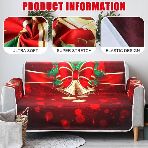 Preboun عيد الميلاد 3D الرقمية المطبوعة غطاء أريكة عيد الميلاد موضوع جلجل جرس طباعة أريكة الغطاء الواقي قابل للغسل 2 مقاعد عيد الميلاد غطاء الأريكة مهرجان الديكور لغرفة الجلوس المنزل أطفال الكلاب in Saudi Arabia