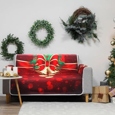Preboun عيد الميلاد 3D الرقمية المطبوعة غطاء أريكة عيد الميلاد موضوع جلجل جرس طباعة أريكة الغطاء الواقي قابل للغسل 2 مقاعد عيد الميلاد غطاء الأريكة مهرجان الديكور لغرفة الجلوس المنزل أطفال الكلاب in Saudi Arabia