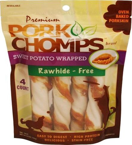 Pork Chomps Baked Pork Skin Dog Chews, 6-inch Twists, Real Sweet Potato Wrap, 4 Count in Kuwait