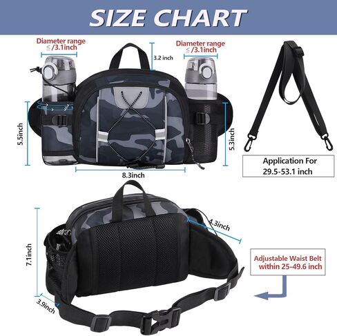 حقيبة FIORETTO للتنزه سيرًا على الأقدام مع حامل زجاجة مياه وحقيبة خصر وحقيبة رياضية للسفر وحزام الجري وحزام أسفل الظهر لركوب الدراجات والتسلق وصيد الأسماك ومشي الكلاب (أسود) in Kuwait