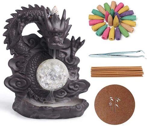 مبخرة التنين ذات التدفق الخلفي، حامل مخروط البخور السيراميكي، زخرفة الروائح العلاجية، ديكور المنزل مع 20 مخاريط البخور in Kuwait