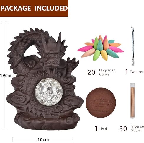 مبخرة التنين ذات التدفق الخلفي، حامل مخروط البخور السيراميكي، زخرفة الروائح العلاجية، ديكور المنزل مع 20 مخاريط البخور in Kuwait