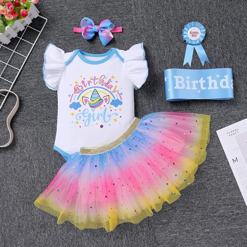 IBTOM CASTLE Baby Girl Unicorn 1st 2nd 3rd Birthday Tutu Rainbow Cake Smash Skirt Set Princess Romper Headband Photo Shoot in Kuwait