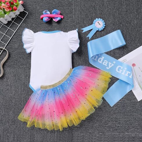 IBTOM CASTLE Baby Girl Unicorn 1st 2nd 3rd Birthday Tutu Rainbow Cake Smash Skirt Set Princess Romper Headband Photo Shoot in Kuwait
