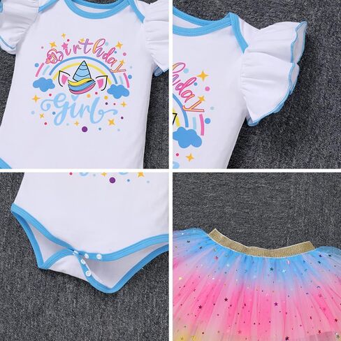 IBTOM CASTLE Baby Girl Unicorn 1st 2nd 3rd Birthday Tutu Rainbow Cake Smash Skirt Set Princess Romper Headband Photo Shoot in Kuwait