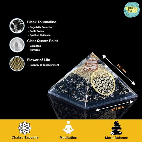 قلادة أورغو هرمية من التورمالين الأسود - طاقة أورغو إيجابية للهدوء التأمل - قلادة أورجونيت التورمالينية شفاء هرم الكريستال - هرم أورجونيت مع قلادة تورمالين للنساء in Kuwait