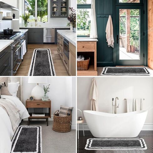 Ashler Black Bathroom Rugs 2 Piece, Rectangle Bath Mat Set of 2, Machine Washable Quick Dry Bath Runner Rug, Soft Shaggy Bath Carpet, Non Slip for Bathroom Floor, Tub, Shower, 17X24 & 17X47 in Kuwait