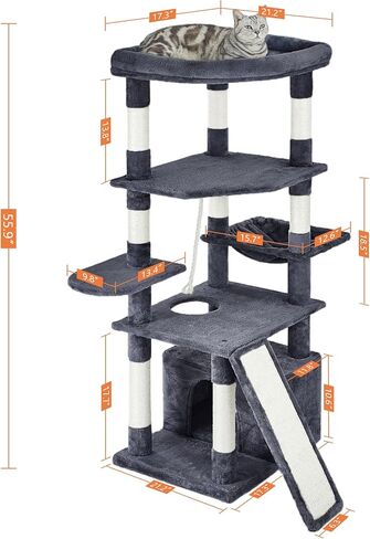 Pesofer 56 Inches Cat Tree Multi Level Cat Tower with Sisal-Covered Scratching Posts, Kitty Playhouse and Large Top Perch Light Grey in Kuwait