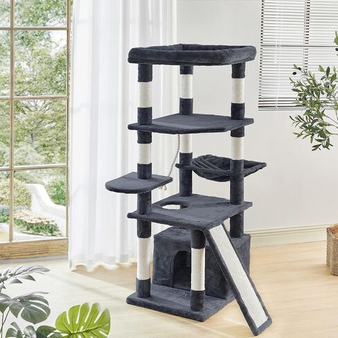 Pesofer 56 Inches Cat Tree Multi Level Cat Tower with Sisal-Covered Scratching Posts, Kitty Playhouse and Large Top Perch Light Grey in Kuwait