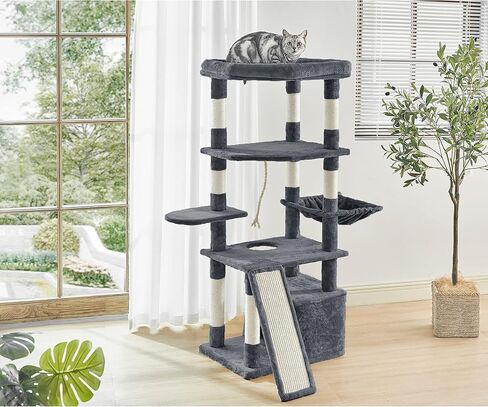 Pesofer 56 Inches Cat Tree Multi Level Cat Tower with Sisal-Covered Scratching Posts, Kitty Playhouse and Large Top Perch Light Grey in Kuwait