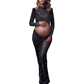 الأمومة التصوير الفوتوغرافي حورية البحر ثوب طويل الأكمام عيد ميلاد حجر الراين فساتين الرقبة العالية جنسي ساخن الماس المجهزة تبادل لاطلاق النار الصورة in Kuwait