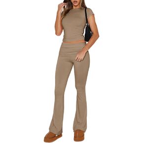 Ivicoer Stylish Women's 2 Piece Outfits Soft Short Sleeve Crop Tops and Fold over Yoga Pants Y2k Sets Two Piece Lounge Sets