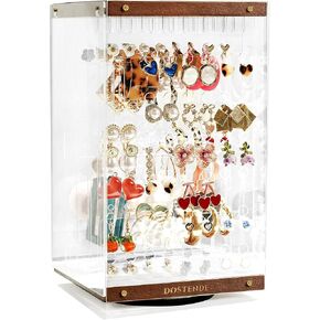 شاشة عرض مجوهرات أكريليك من دوستند مع قاعدة خشبية، منظم مجوهرات يدور 360 درجة وتخزينها مع 4 أقسام داخلية، حامل مجوهرات متعدد الطبقات للأقراط والقلائد والأساور والخواتم in Kuwait