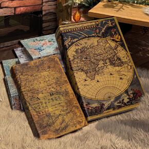 DROFELY Decorative Book Box Set of 3, Trinket Box Book Shaped Storage Box Vintage Style Imitation Leather Decorative Book Boxes Antique Books for Decoration Medal Embossed Pattern,Christmas Gift Idea