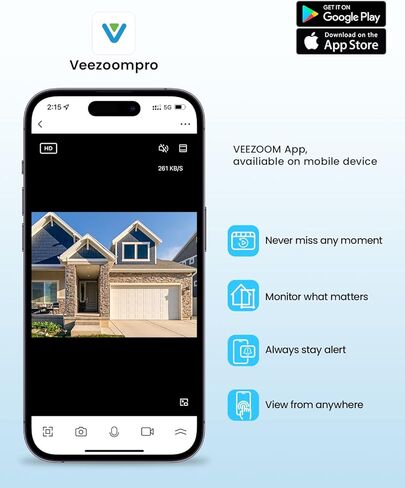 كاميرا Veezoom الأمنية 5 ميجابكسل PoE في الهواء الطلق لكاميرات IP للمراقبة الليلية كاملة الألوان، كشف الإنسان/المركبة، MicroSD يدعم ما يصل إلى 256 جيجابايت (المحول غير متضمن) in Kuwait