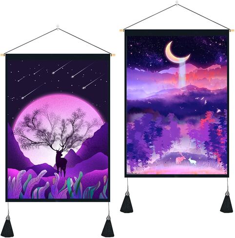 حزمة ألوان واجب ل 2 نسيج تريبي الشمس القمر نسيج الجبل غابة الأيائل الطبيعية المناظر الطبيعية الأرجواني الفن الجدار شنقا يصلح لديكور المنزل غرفة النوم غرفة المعيشة 13 × 29 بوصة SGQMLCD2 in Kuwait