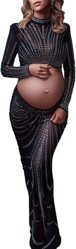 الأمومة التصوير الفوتوغرافي حورية البحر ثوب طويل الأكمام عيد ميلاد حجر الراين فساتين الرقبة العالية جنسي ساخن الماس المجهزة تبادل لاطلاق النار الصورة in Kuwait