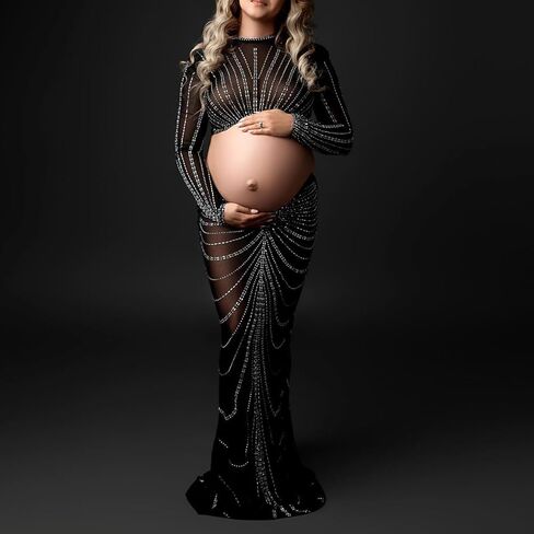 الأمومة التصوير الفوتوغرافي حورية البحر ثوب طويل الأكمام عيد ميلاد حجر الراين فساتين الرقبة العالية جنسي ساخن الماس المجهزة تبادل لاطلاق النار الصورة in Kuwait