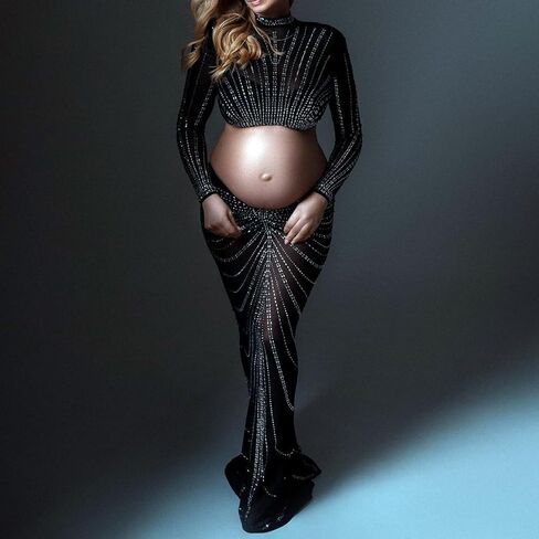 الأمومة التصوير الفوتوغرافي حورية البحر ثوب طويل الأكمام عيد ميلاد حجر الراين فساتين الرقبة العالية جنسي ساخن الماس المجهزة تبادل لاطلاق النار الصورة in Kuwait