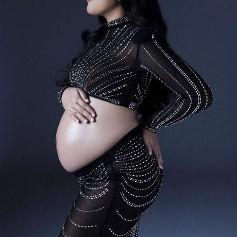 الأمومة التصوير الفوتوغرافي حورية البحر ثوب طويل الأكمام عيد ميلاد حجر الراين فساتين الرقبة العالية جنسي ساخن الماس المجهزة تبادل لاطلاق النار الصورة in Kuwait