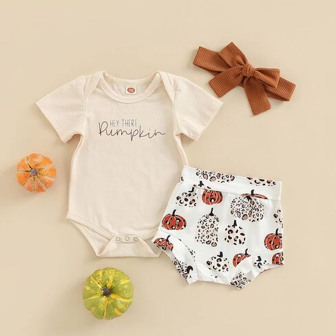 Lamuusaa Newborn Baby Girl Halloween Outfit Short Sleeve Hey Pumpkin T-shirt Ruffle Shorts Headband Halloween Clothes in Saudi Arabia