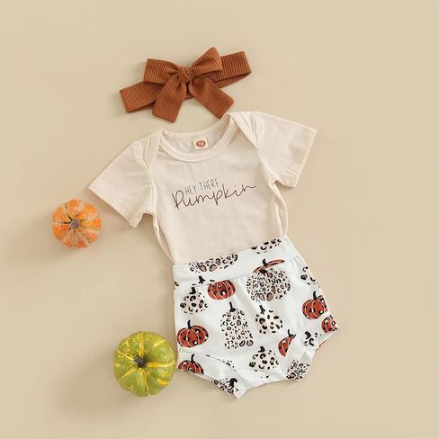 Lamuusaa Newborn Baby Girl Halloween Outfit Short Sleeve Hey Pumpkin T-shirt Ruffle Shorts Headband Halloween Clothes in Saudi Arabia