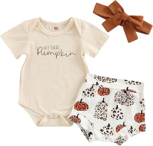 Lamuusaa Newborn Baby Girl Halloween Outfit Short Sleeve Hey Pumpkin T-shirt Ruffle Shorts Headband Halloween Clothes in Saudi Arabia