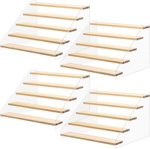 Tatuo 4 Packs Wood Acrylic Display Stands 5 Step Tiered Wooden Risers for Display Burlywood Clear Perfume Organizer Figurine Display Shelf Rack for Cupcake Craft Perfume Dessert Collectible Jewelry in Saudi Arabia