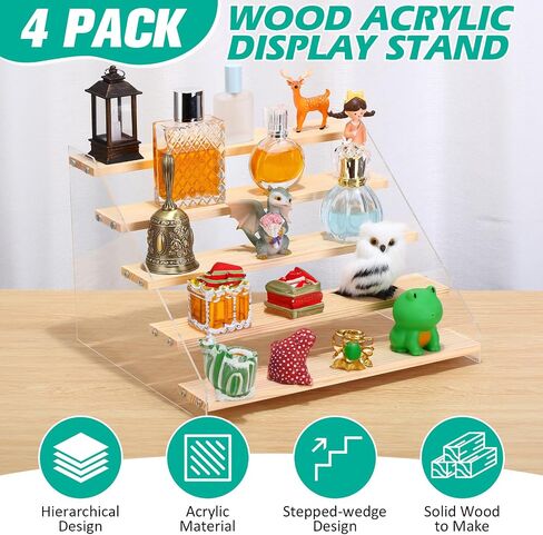 Tatuo 4 Packs Wood Acrylic Display Stands 5 Step Tiered Wooden Risers for Display Burlywood Clear Perfume Organizer Figurine Display Shelf Rack for Cupcake Craft Perfume Dessert Collectible Jewelry in Saudi Arabia