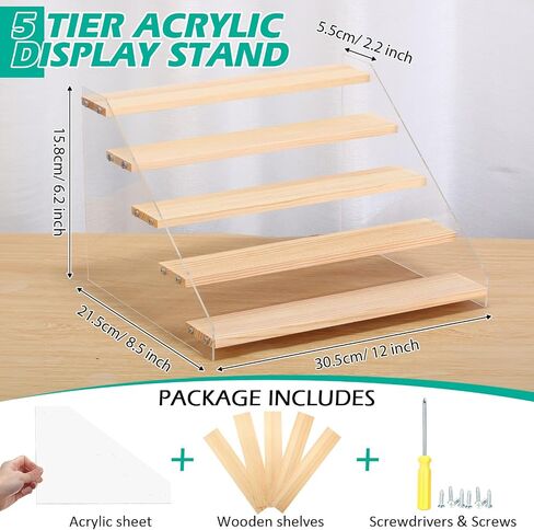 Tatuo 4 Packs Wood Acrylic Display Stands 5 Step Tiered Wooden Risers for Display Burlywood Clear Perfume Organizer Figurine Display Shelf Rack for Cupcake Craft Perfume Dessert Collectible Jewelry in Saudi Arabia