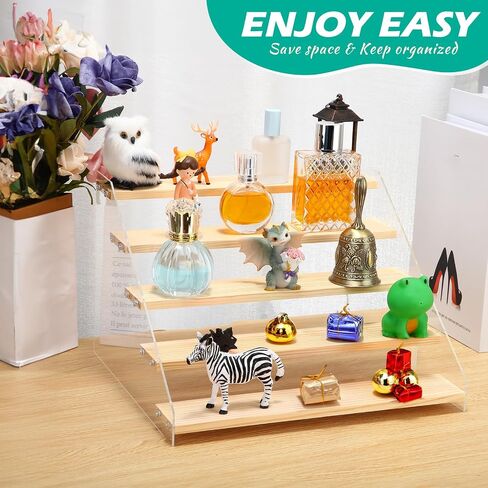 Tatuo 4 Packs Wood Acrylic Display Stands 5 Step Tiered Wooden Risers for Display Burlywood Clear Perfume Organizer Figurine Display Shelf Rack for Cupcake Craft Perfume Dessert Collectible Jewelry in Saudi Arabia