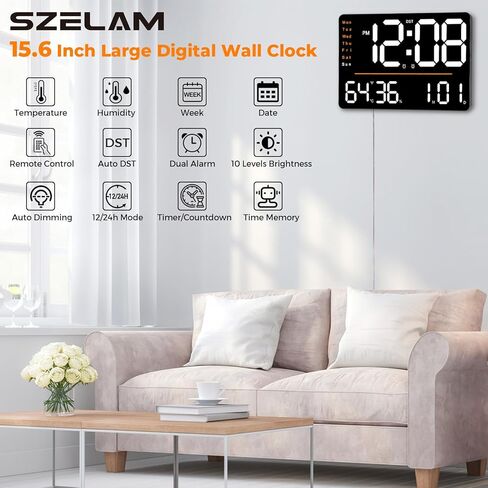 ساعة حائط رقمية كبيرة من SZELAM: DST Date Week درجة الحرارة والرطوبة - 15.6 بوصة منبهات LED لديكور غرفة المعيشة in Kuwait