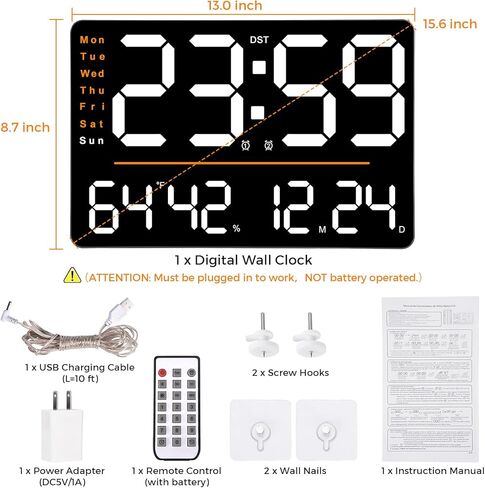 ساعة حائط رقمية كبيرة من SZELAM: DST Date Week درجة الحرارة والرطوبة - 15.6 بوصة منبهات LED لديكور غرفة المعيشة in Kuwait
