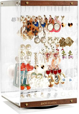 شاشة عرض مجوهرات أكريليك من دوستند مع قاعدة خشبية، منظم مجوهرات يدور 360 درجة وتخزينها مع 4 أقسام داخلية، حامل مجوهرات متعدد الطبقات للأقراط والقلائد والأساور والخواتم in Kuwait
