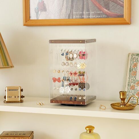 شاشة عرض مجوهرات أكريليك من دوستند مع قاعدة خشبية، منظم مجوهرات يدور 360 درجة وتخزينها مع 4 أقسام داخلية، حامل مجوهرات متعدد الطبقات للأقراط والقلائد والأساور والخواتم in Kuwait