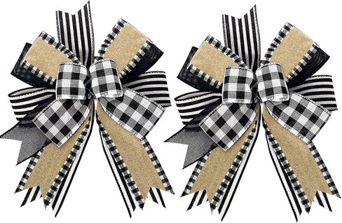 Whaline 2 Pack White Black Buffalo Plaids Stripes Wreath Bow Rustic Wired Edge Farmhouse Bow Multi-Layer Wreath Bow Decorative Craft Bow for Indoor Outdoor Christmas Graduation Party Supplies in Saudi Arabia