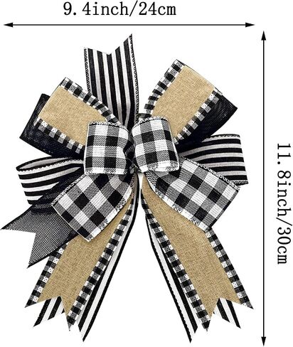 Whaline 2 Pack White Black Buffalo Plaids Stripes Wreath Bow Rustic Wired Edge Farmhouse Bow Multi-Layer Wreath Bow Decorative Craft Bow for Indoor Outdoor Christmas Graduation Party Supplies in Saudi Arabia