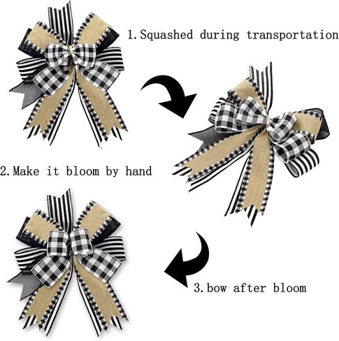 Whaline 2 Pack White Black Buffalo Plaids Stripes Wreath Bow Rustic Wired Edge Farmhouse Bow Multi-Layer Wreath Bow Decorative Craft Bow for Indoor Outdoor Christmas Graduation Party Supplies in Saudi Arabia