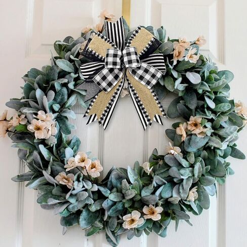Whaline 2 Pack White Black Buffalo Plaids Stripes Wreath Bow Rustic Wired Edge Farmhouse Bow Multi-Layer Wreath Bow Decorative Craft Bow for Indoor Outdoor Christmas Graduation Party Supplies in Saudi Arabia
