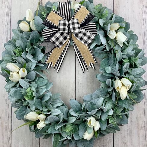 Whaline 2 Pack White Black Buffalo Plaids Stripes Wreath Bow Rustic Wired Edge Farmhouse Bow Multi-Layer Wreath Bow Decorative Craft Bow for Indoor Outdoor Christmas Graduation Party Supplies in Saudi Arabia