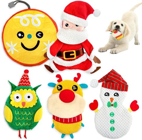 AWOOF Christmas Dog Toys for Aggressive Chewers, 5 Pack Dog Toys No Stuffing Crinkle Dog Toys, Durable Plush Dog Squeaky Toys for Large Breed, Cute Christmas Puppy Chew Toys for Teething Dog Toys Gift in Kuwait