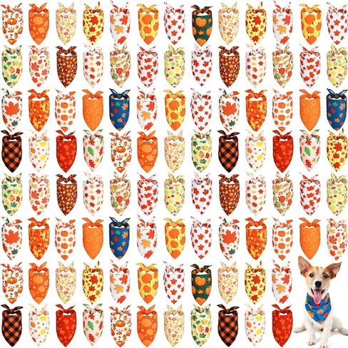 Sweetude 100 Pieces Fall Dog Bandanas Bulk, Thanksgiving Bandanas for Dogs Pumpkin Maple Leaves Pattern Pet Triangle Scarf, Puppy Dog Kerchief Bibs for Medium Small Pets Autumn Costume Accessories in Saudi Arabia