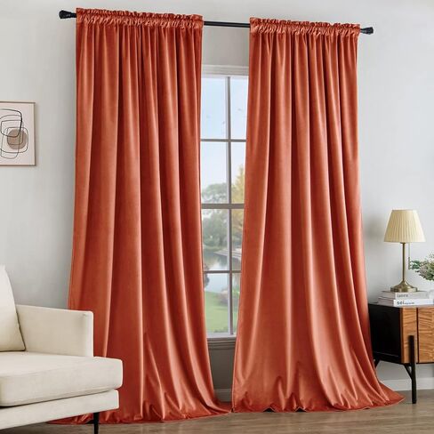 Burnt Orange Velvet Curtains 84 Inches Long Room Darkening Thermal Insulated Rod Pocket Window Rust Blackout Drapes for Bedroom Living Room, Set of 2，Terracotta in Saudi Arabia