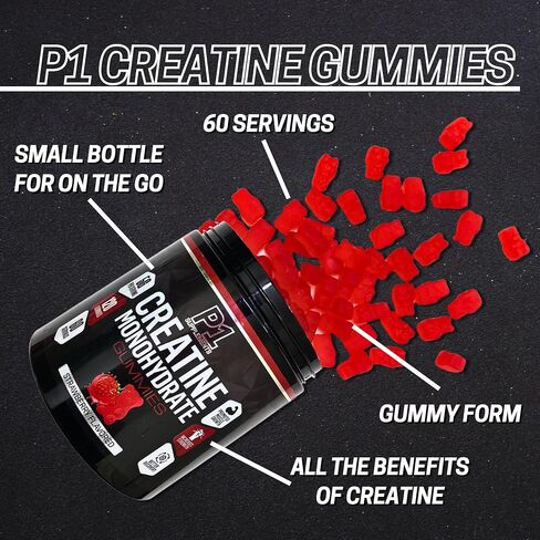P1 Creatine Monohydrate Gummies - Creatine for Men and Women with 60 Servings, 5g per Serving. 120 Strawberry Flavored Gummies. for Muscle Growth, Muscle Strength, and Recovery in Saudi Arabia