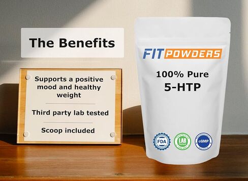 مسحوق FitPowders 5-HTP (نقي) 100 جرام (أحجام متعددة) غير معدل وراثيًا، سيروتونين، مكمل لتحسين المزاج in Kuwait