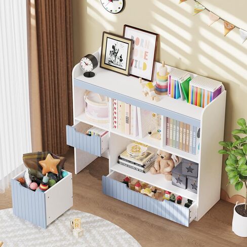 Lkeiyay Kids Bookshelf,Toy Storage Organizer,Nursery Bookshelf,Multifunctional Storage Chest for Playroom,with Hidden Wheels and 4 Storage Cubbies,Blue in Saudi Arabia