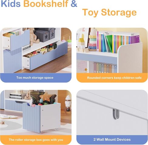 Lkeiyay Kids Bookshelf,Toy Storage Organizer,Nursery Bookshelf,Multifunctional Storage Chest for Playroom,with Hidden Wheels and 4 Storage Cubbies,Blue in Saudi Arabia